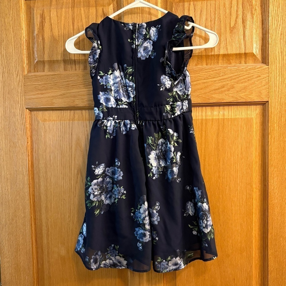 Girls Three Pink Hearts Sleeveless Dress Size 6X Navy Blue Floral w/ Ruffles - Picture 2 of 7